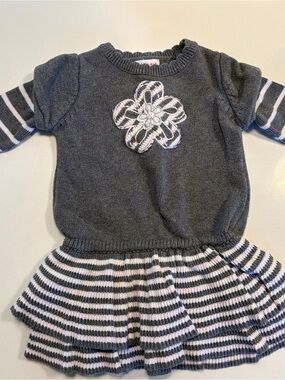 Polkatots Grey Knit Striped Dress with Flower Applique